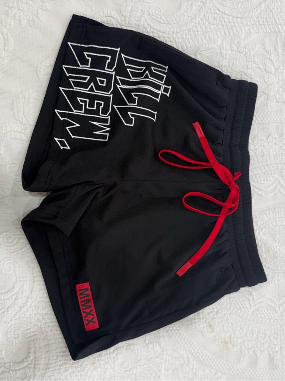 Kill Crew Black Shorts with White Logo Patch and Red Drawstring Accent